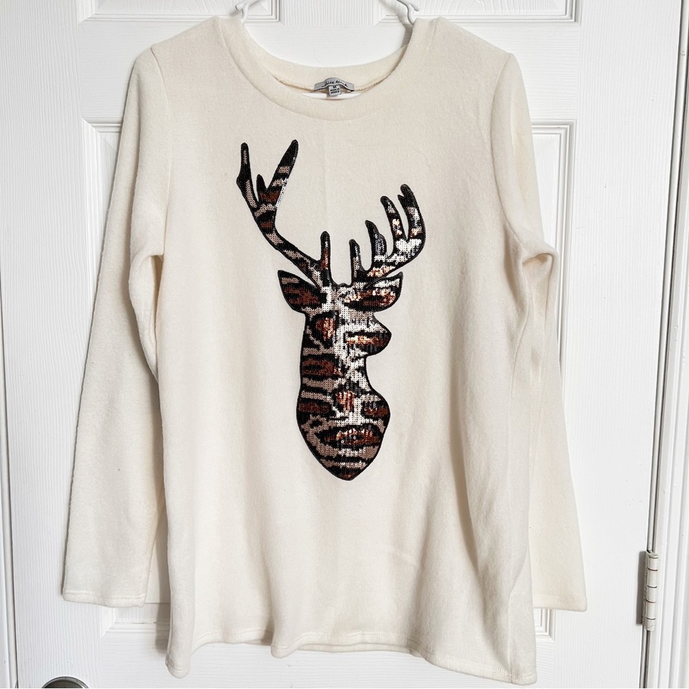 White Birch | Cream Sequin Deer Fleece Elbow Patch Tunic Sweater